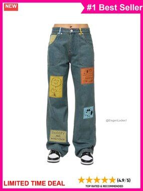 Snoopy Woodstock Denim Straight Leg Mid Rise Jeans 100% Cotton